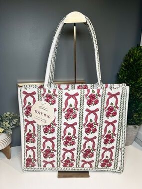Floral Ribbon Tote Bag in Pink - 16.5” W 14” L 5.5” D